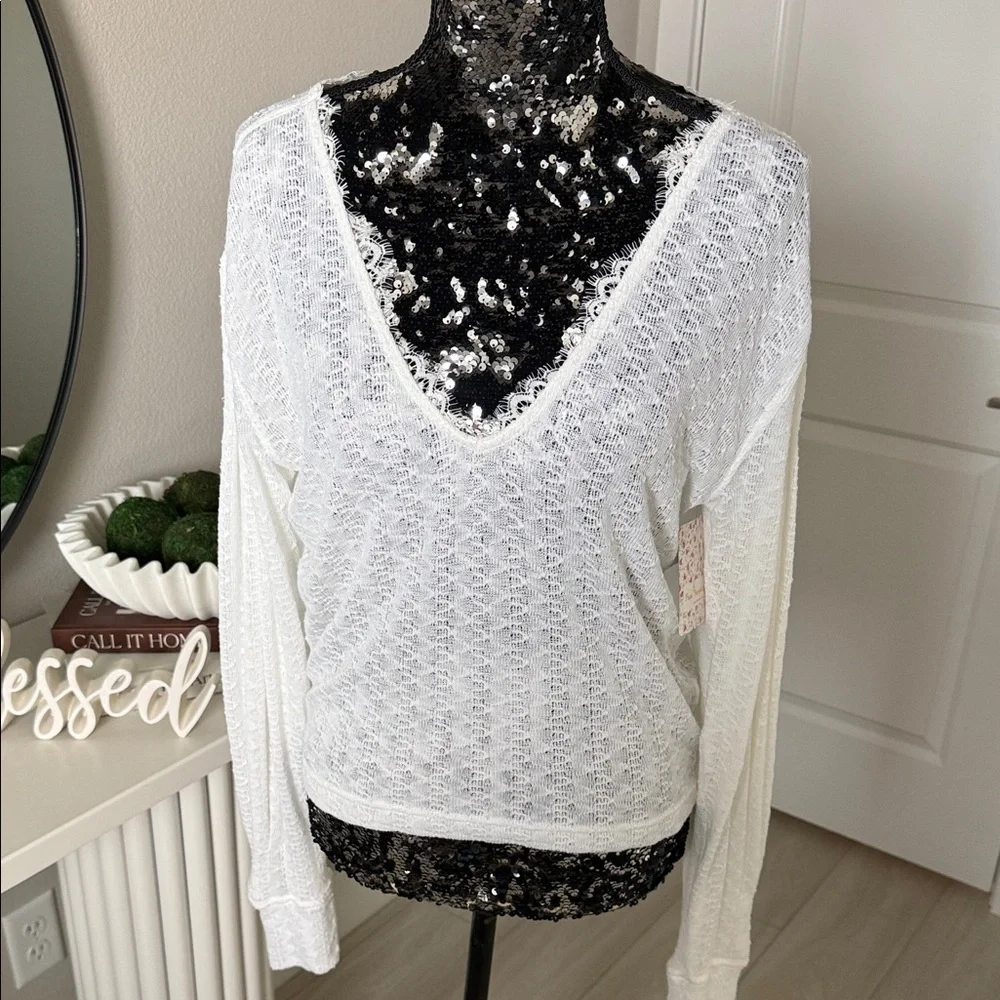 Free People White Lace V-Neck Top